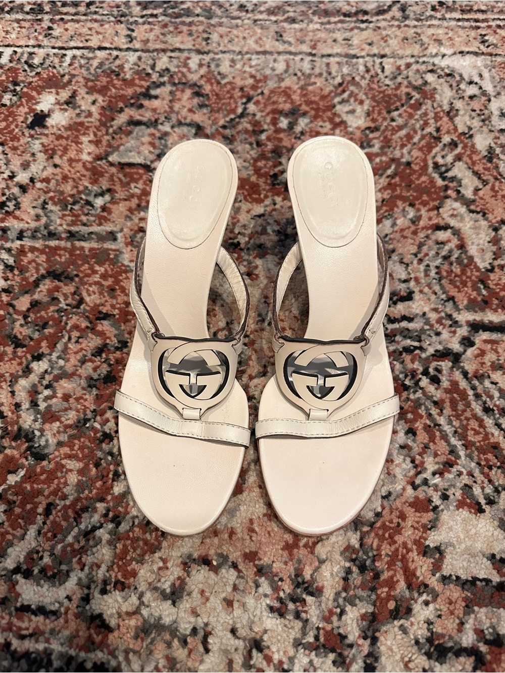 Gucci Cream Leather GG Logo Slide Mules
